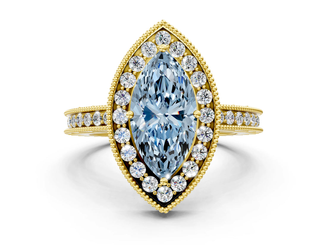Yellow gold Fancy Blue Marquise  Halo Diamond Engagement Ring with Milgrain Pave Band and Four-Prong Setting_12