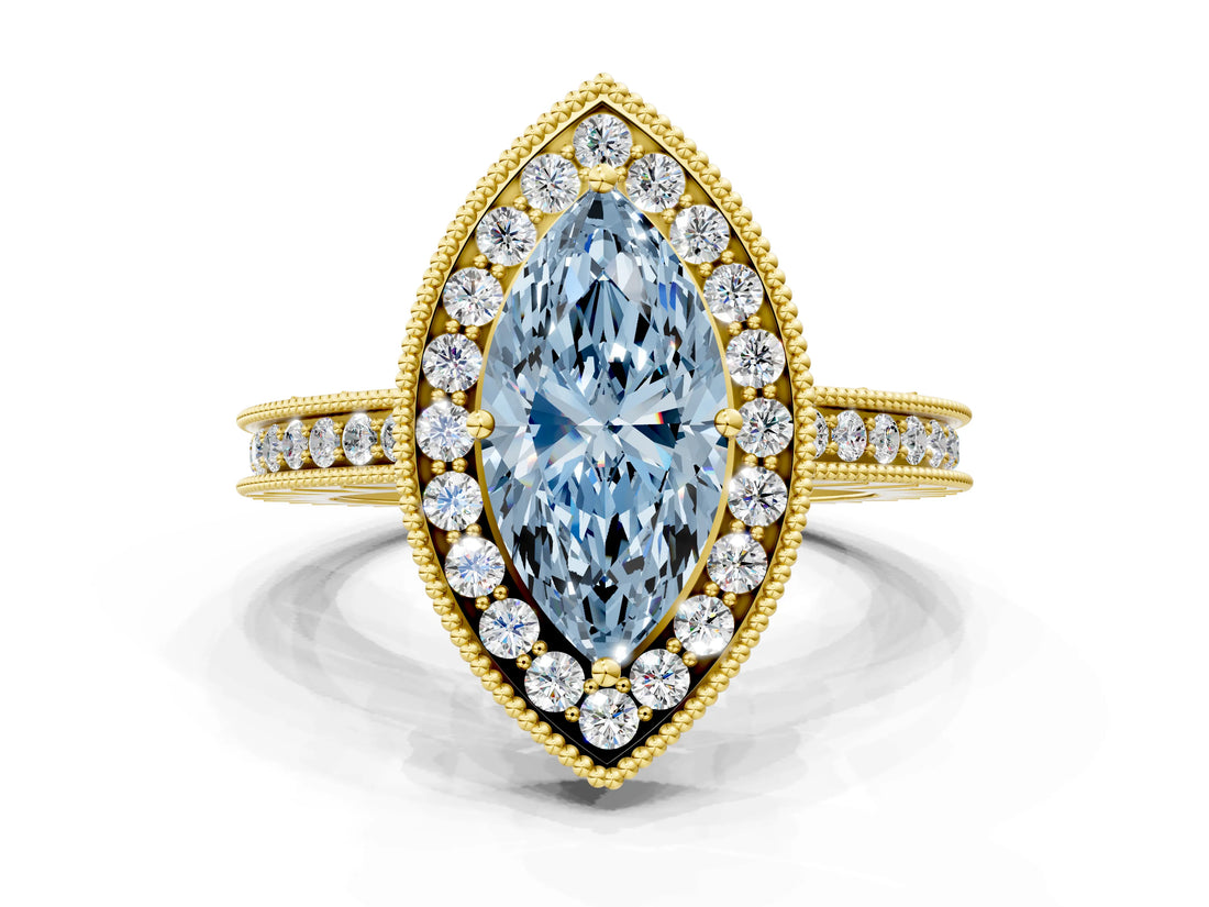 Yellow gold Fancy Blue Marquise  Halo Diamond Engagement Ring with Milgrain Pave Band and Four-Prong Setting_159