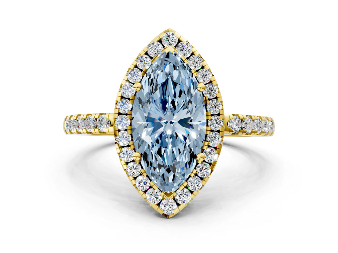 Yellow gold Fancy Blue Marquise  Halo Diamond Engagement Ring with Pavé Band and Four-Prong Setting_123