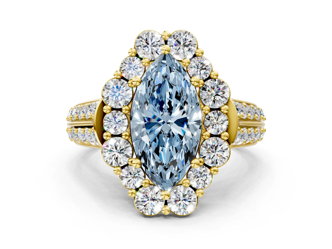 Yellow gold Fancy Blue Marquise  Halo Diamond Engagement Ring with Split Shank and Prong Setting_66