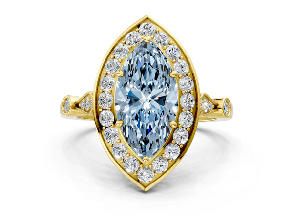 Yellow gold Fancy Blue Marquise  Halo Diamond Engagement Ring with Twisted Band and Four-Prong Setting