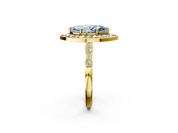 Yellow gold Fancy Blue Marquise  Halo Diamond Engagement Ring with Twisted Band and Four-Prong Setting