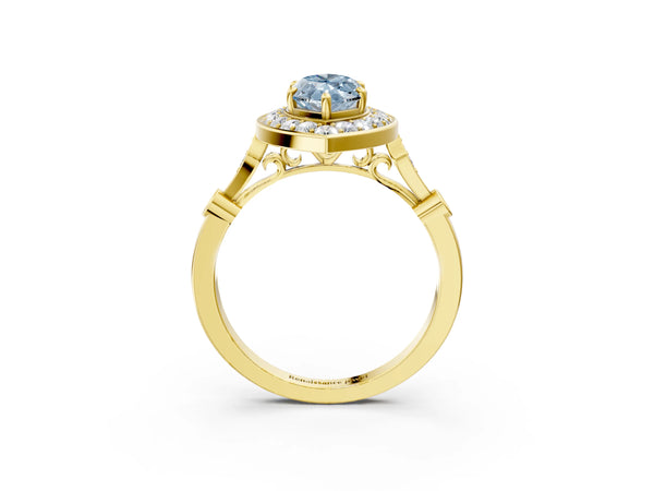 Yellow gold Fancy Blue Marquise  Halo Diamond Engagement Ring with Twisted Band and Four-Prong Setting