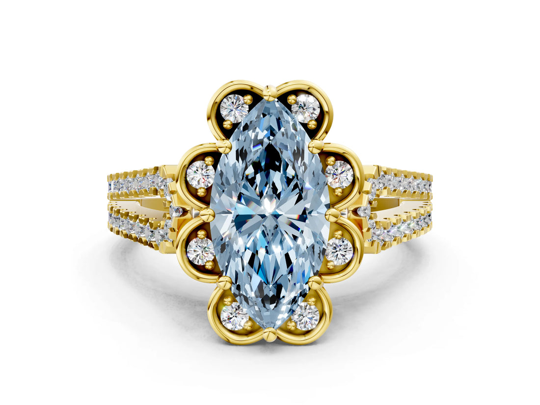 Yellow gold Fancy Blue Marquise  Halo Diamond Floral Split Shank Engagement Ring