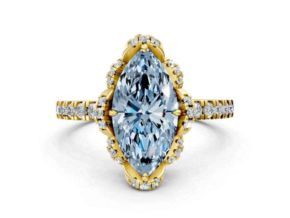 Yellow gold Fancy Blue Marquise  Halo Diamond Pave Band Ring with Four-Prong Setting_15