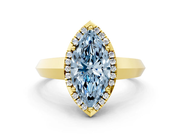 Yellow gold Fancy Blue Marquise  Halo Diamond Ring with Cathedral Band and Four-Prong Setting