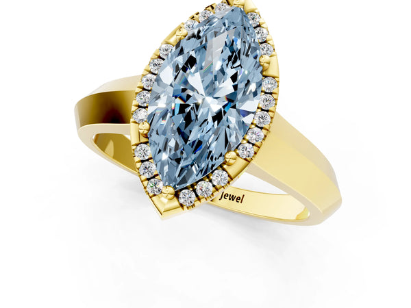 Yellow gold Fancy Blue Marquise  Halo Diamond Ring with Cathedral Band and Four-Prong Setting