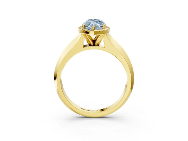 Yellow gold Fancy Blue Marquise  Halo Diamond Ring with Cathedral Band and Four-Prong Setting