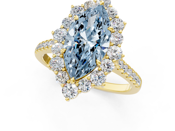 Yellow gold Fancy Blue Marquise  Halo Diamond Ring with Pavé Band and Prong Setting
