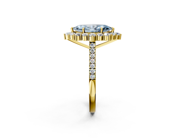 Yellow gold Fancy Blue Marquise  Halo Diamond Ring with Pavé Band and Prong Setting