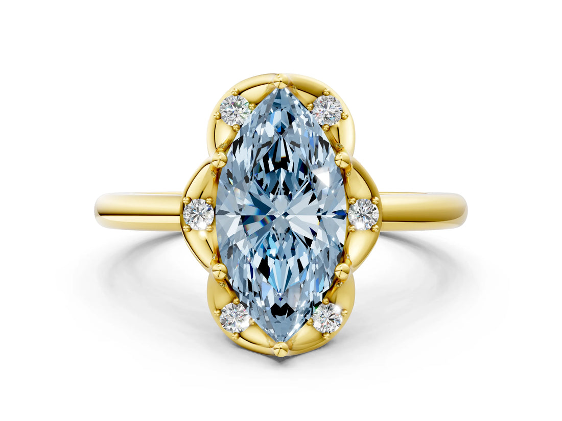 Yellow gold Fancy Blue Marquise  Halo Diamond Ring with Round Cluster Setting, Solitaire Band, and Four-Prong Setting_49