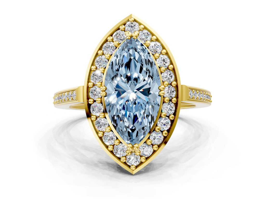 Yellow gold Fancy Blue Marquise  Halo Diamond Ring with Split Shank and Four-Prong Setting_44