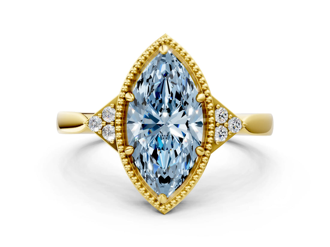 Yellow gold Fancy Blue Marquise  Halo Diamond Ring with Tapered Band and Four-Prong Setting_7
