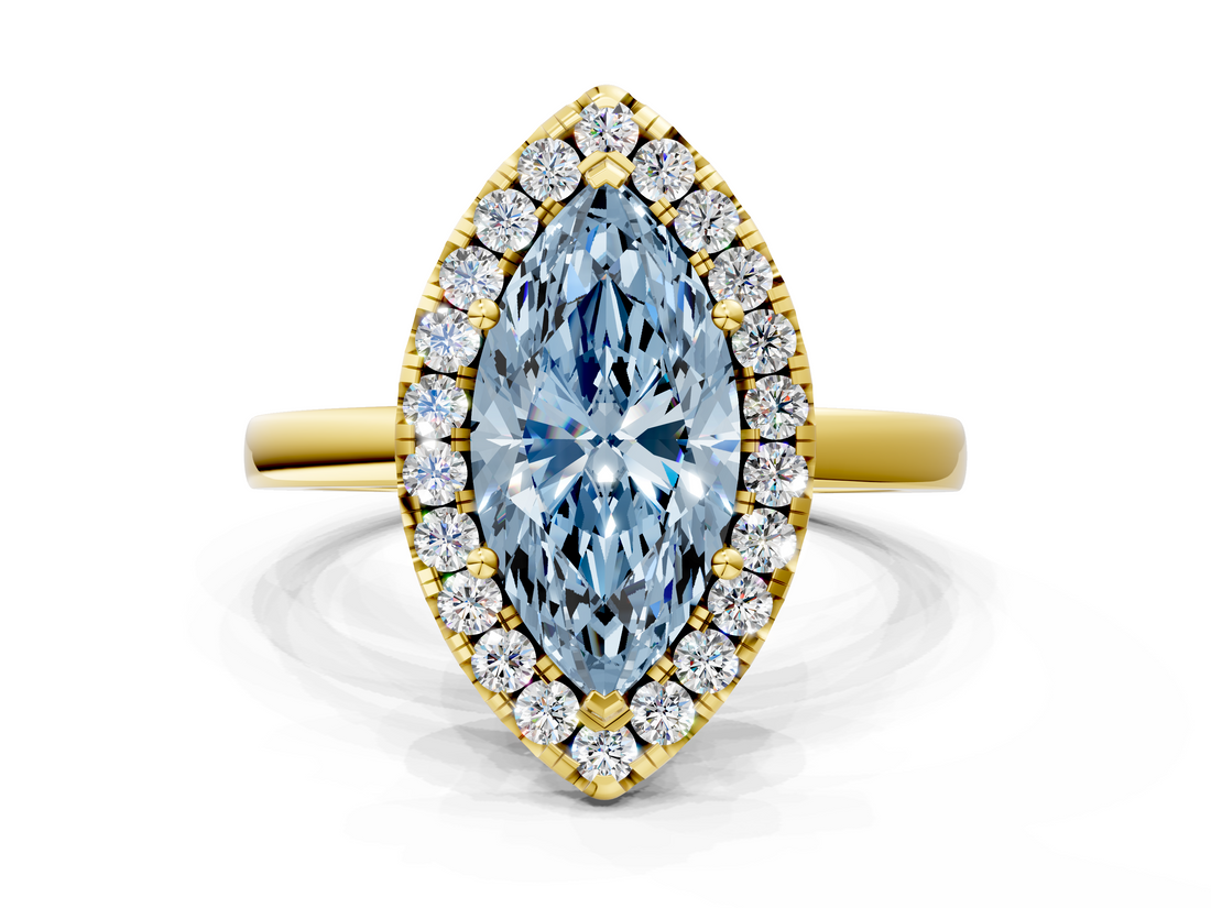 Yellow gold Fancy Blue Marquise  Halo Diamond Solitaire with Pavé Band and Four-Prong Setting_68