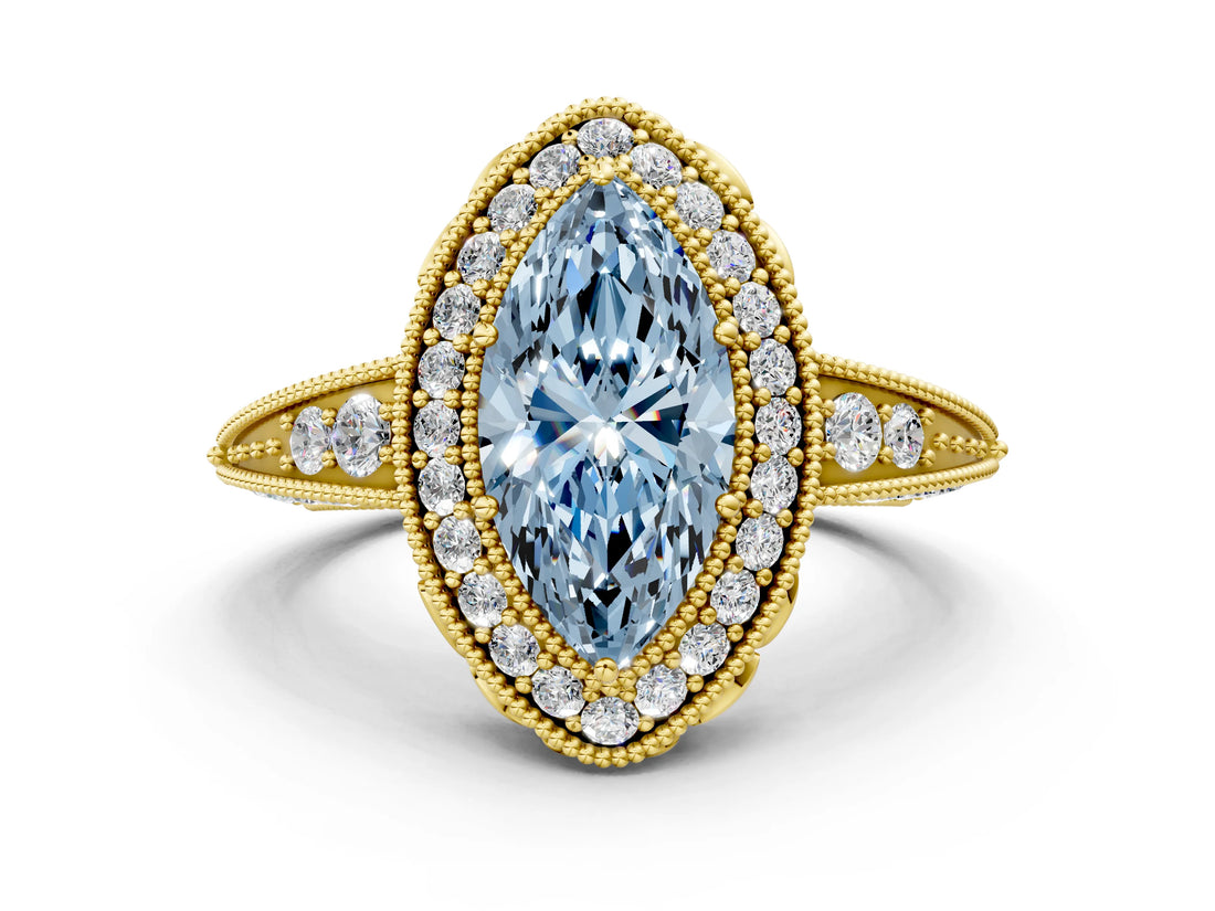Yellow gold Fancy Blue Marquise  Halo Diamond Split Shank Ring with Milgrain Detail_47