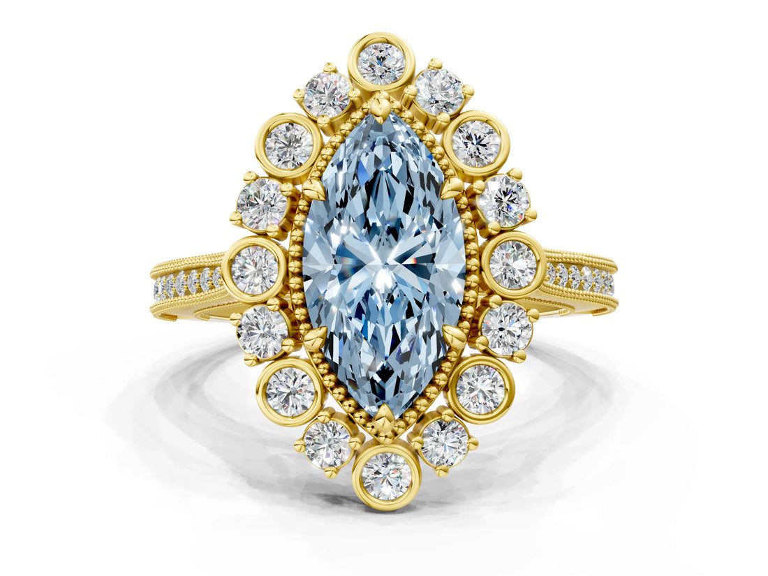 Yellow gold Fancy Blue Marquise  Halo Milgrain Pave Diamond Ring with Four-Prong Setting 1