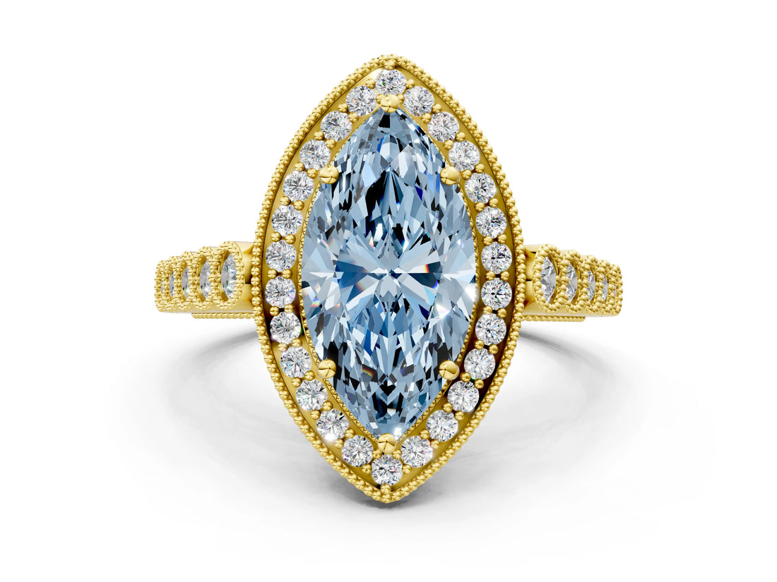 Yellow gold Fancy Blue Marquise  Halo Milgrain Solitaire with Bezel Set Side Stones and Pave Band_31