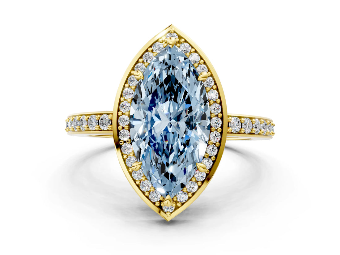 Yellow gold Fancy Blue Marquise  Halo Pave Band Solitaire Ring with Prong Setting_66