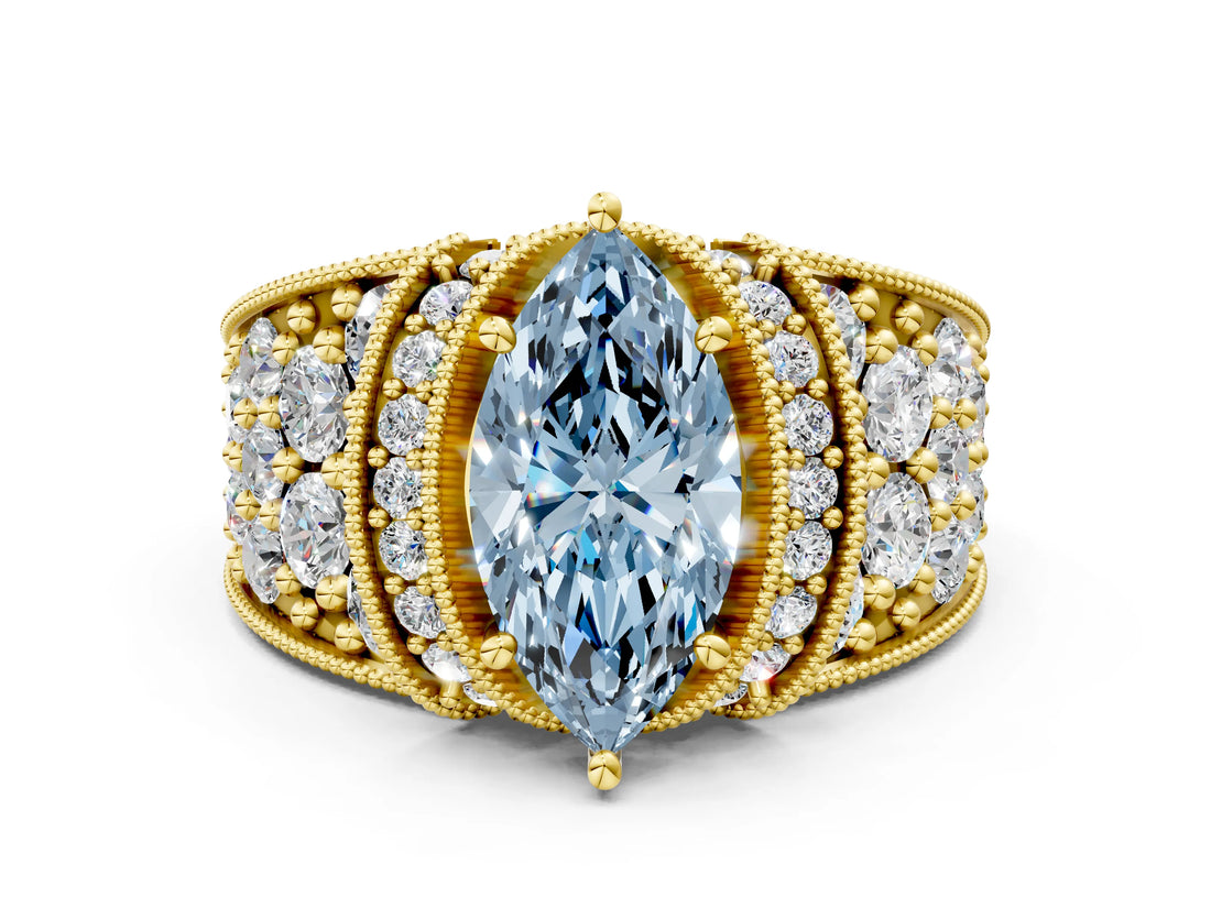 Yellow gold Fancy Blue Marquise  Halo Pave Diamond Engagement Ring with Milgrain Detailing_49