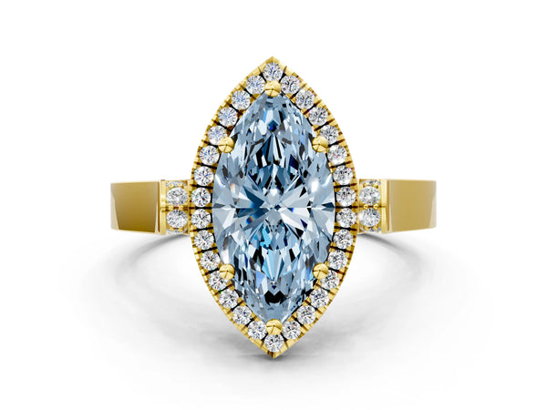 Yellow gold Fancy Blue Marquise  Halo Pave Split Shank Prong Setting Ring