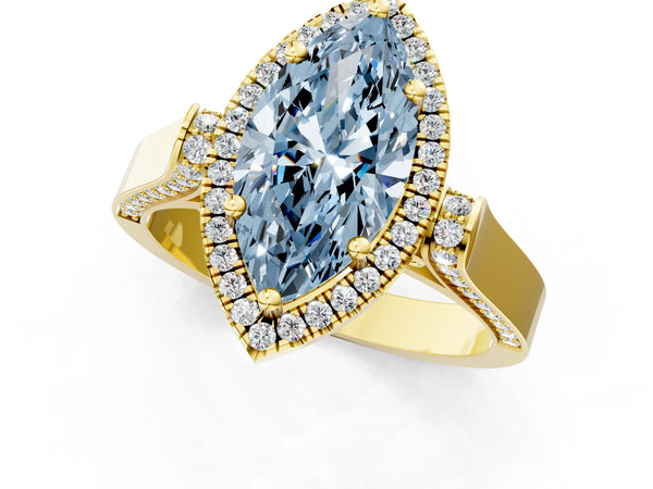 Yellow gold Fancy Blue Marquise  Halo Pave Split Shank Prong Setting Ring