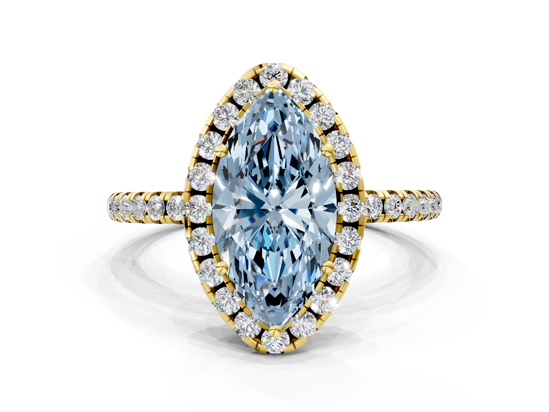 Yellow gold Fancy Blue Marquise  Halo Round Diamond Pavé Band Four-Prong Ring_3