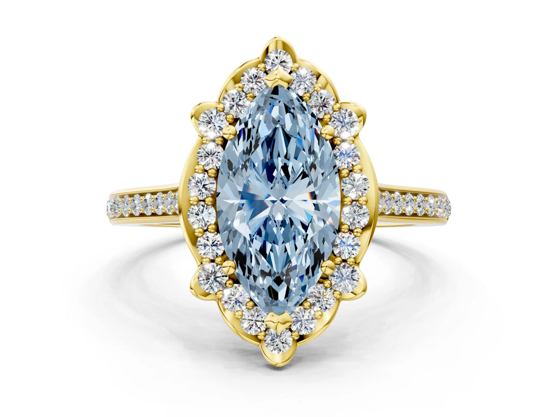 Yellow gold Fancy Blue Marquise  Halo Round Diamond Pave Band with Four-Prong Setting_38