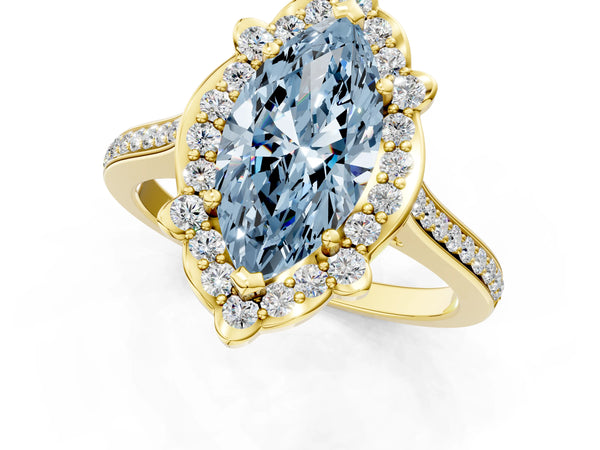 Yellow gold Fancy Blue Marquise  Halo Round Diamond Pave Band with Four-Prong Setting