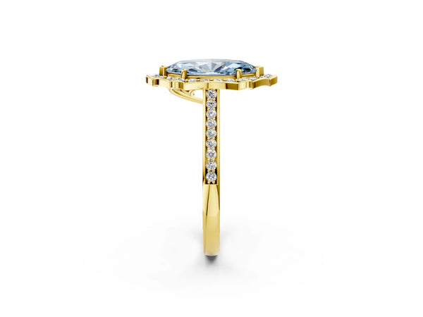 Yellow gold Fancy Blue Marquise  Halo Round Diamond Pave Band with Four-Prong Setting