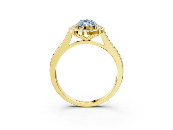 Yellow gold Fancy Blue Marquise  Halo Round Diamond Pave Band with Four-Prong Setting
