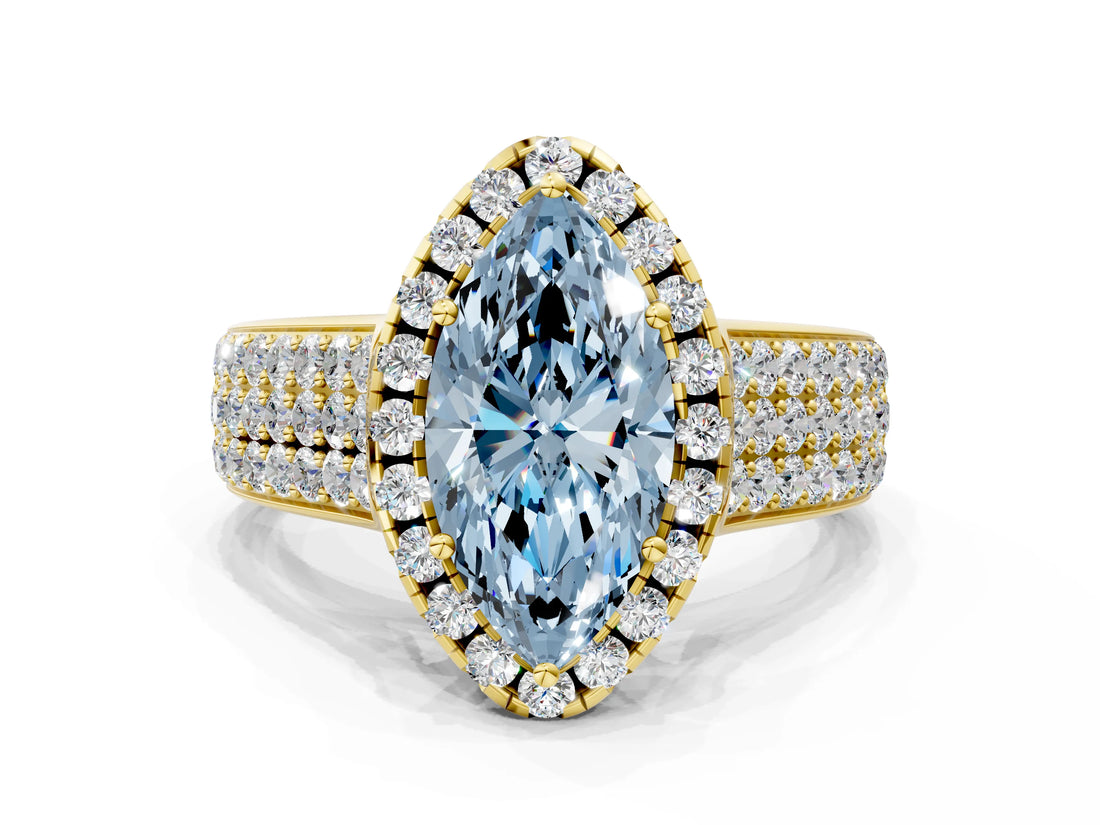 Yellow gold Fancy Blue Marquise  Halo Round Diamond Pave Band with Prong Setting 1
