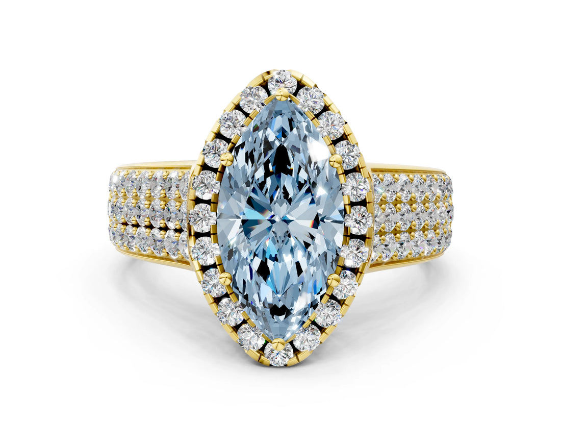 Yellow gold Fancy Blue Marquise  Halo Round Diamond Pave Band with Prong Setting_12