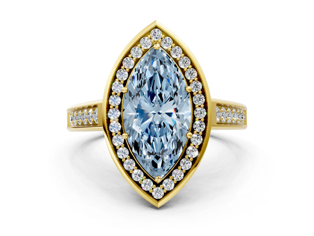 Yellow gold Fancy Blue Marquise  Halo Solitaire Diamond Ring with Pave Band and Bezel Setting_49