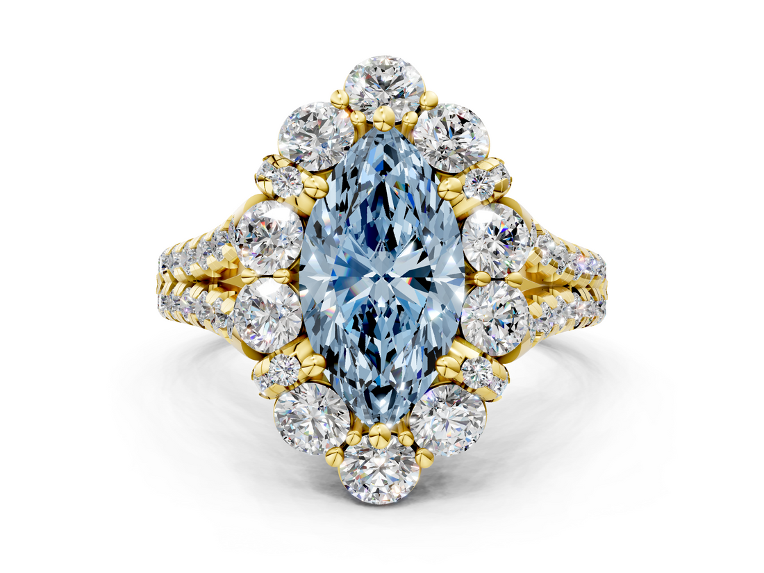 Yellow gold Fancy Blue Marquise  Halo Split Shank Diamond Engagement Ring with Pave Band and Four-Prong Setting_54