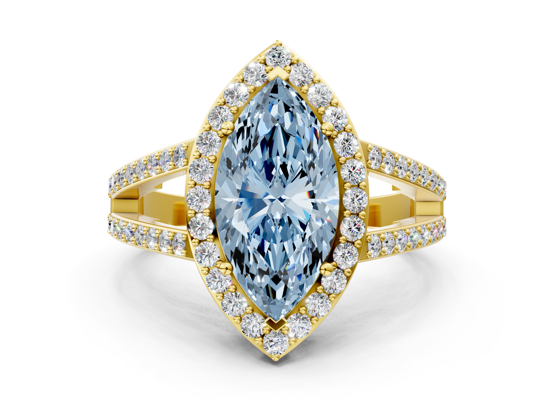 Yellow gold Fancy Blue Marquise  Halo Split Shank Diamond Ring with Four-Prong Setting_32