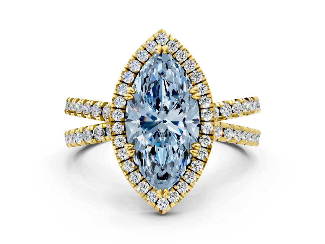 Yellow gold Fancy Blue Marquise  Halo Split Shank Diamond Ring with Pavé Setting