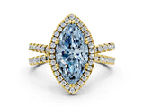 Yellow gold Fancy Blue Marquise  Halo Split Shank Diamond Ring with Pavé Setting