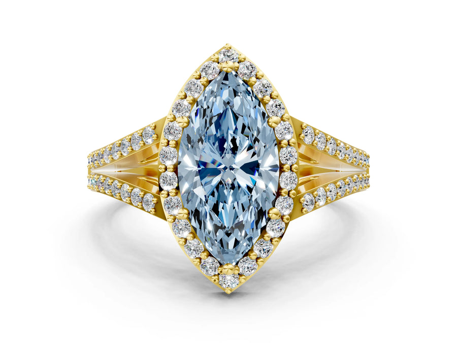 Yellow gold Fancy Blue Marquise  Halo Split Shank Pave Diamond Ring with Four-Prong Setting