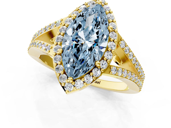Yellow gold Fancy Blue Marquise  Halo Split Shank Pave Diamond Ring with Four-Prong Setting