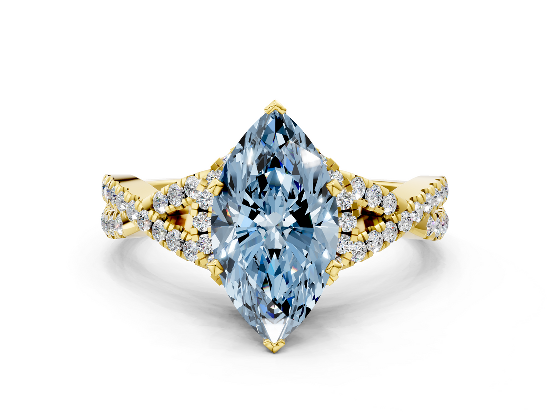 Yellow gold Fancy Blue Marquise  Halo Twist Band Solitaire Prong Setting Ring_59