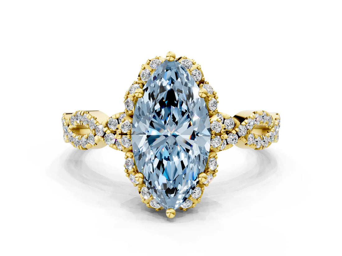 Yellow gold Fancy Blue Marquise  Halo Twist Band Solitaire Ring with Six-Prong Setting_32