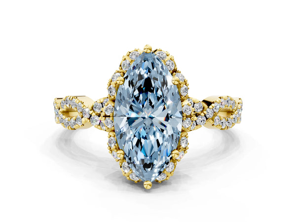 Yellow Gold Marquise Graduated Vintage Halo Engagement Ring Setting for Fancy Blue Center