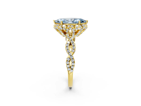 Yellow Gold Marquise Graduated Vintage Halo Engagement Ring Setting for Fancy Blue Center