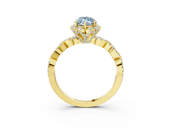 Yellow Gold Marquise Graduated Vintage Halo Engagement Ring Setting for Fancy Blue Center