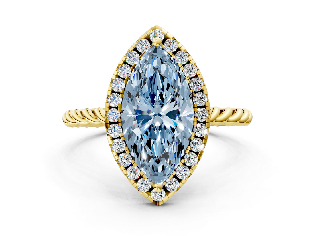 Yellow gold Fancy Blue Marquise  Halo Twisted Band Four-Prong Diamond Ring_20