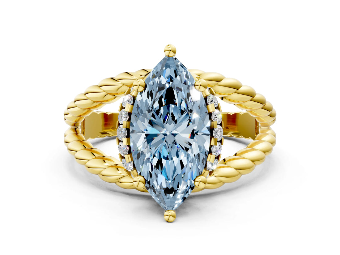 Yellow gold Fancy Blue Marquise  Halo Twisted Band Four-Prong Ring_44