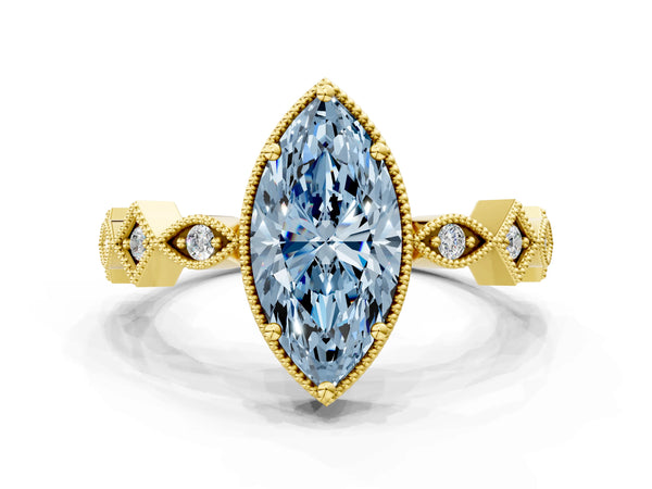 Yellow gold Fancy Blue Marquise  Milgrain Marquise Diamond Twist Band Ring