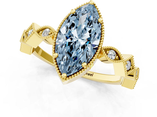 Yellow gold Fancy Blue Marquise  Milgrain Marquise Diamond Twist Band Ring