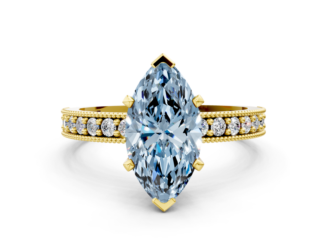 Yellow gold Fancy Blue Marquise  Milgrain Pave Diamond Engagement Ring with Four-Prong Setting_150