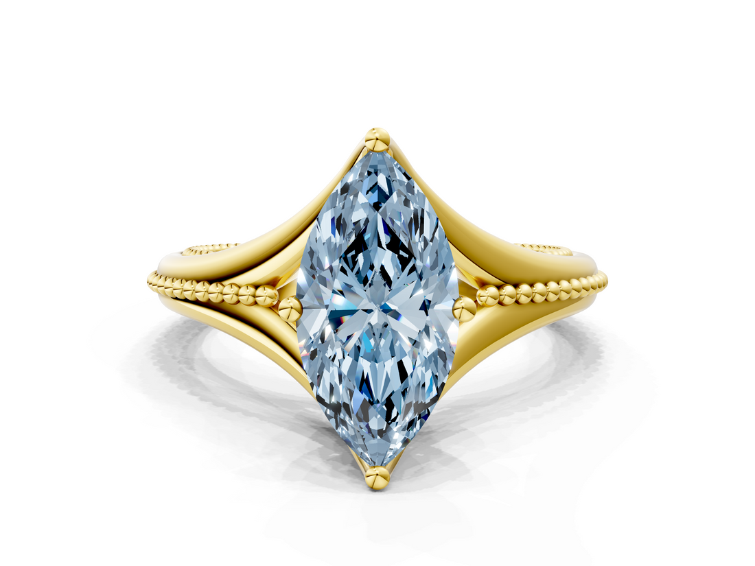 Yellow gold Fancy Blue Marquise  Solitaire Beaded Band Six-Prong Setting
